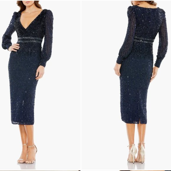 MAC DUGGAL 93593 SEQUIN LONG bishop SLEEVE MIDNIGHT NAVY MIDI DRESS sz 20 - Picture 1 of 3